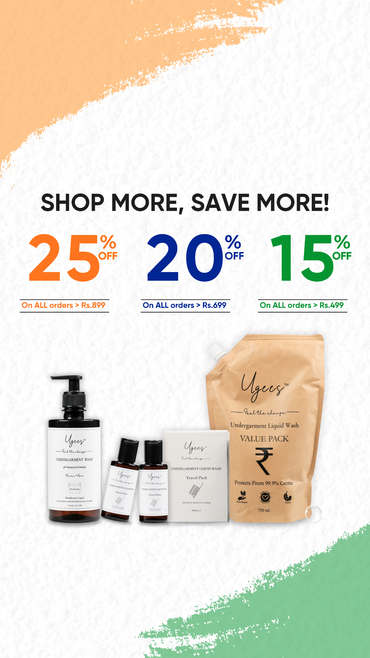 Promotional banner with skincare products and discount text on a white background