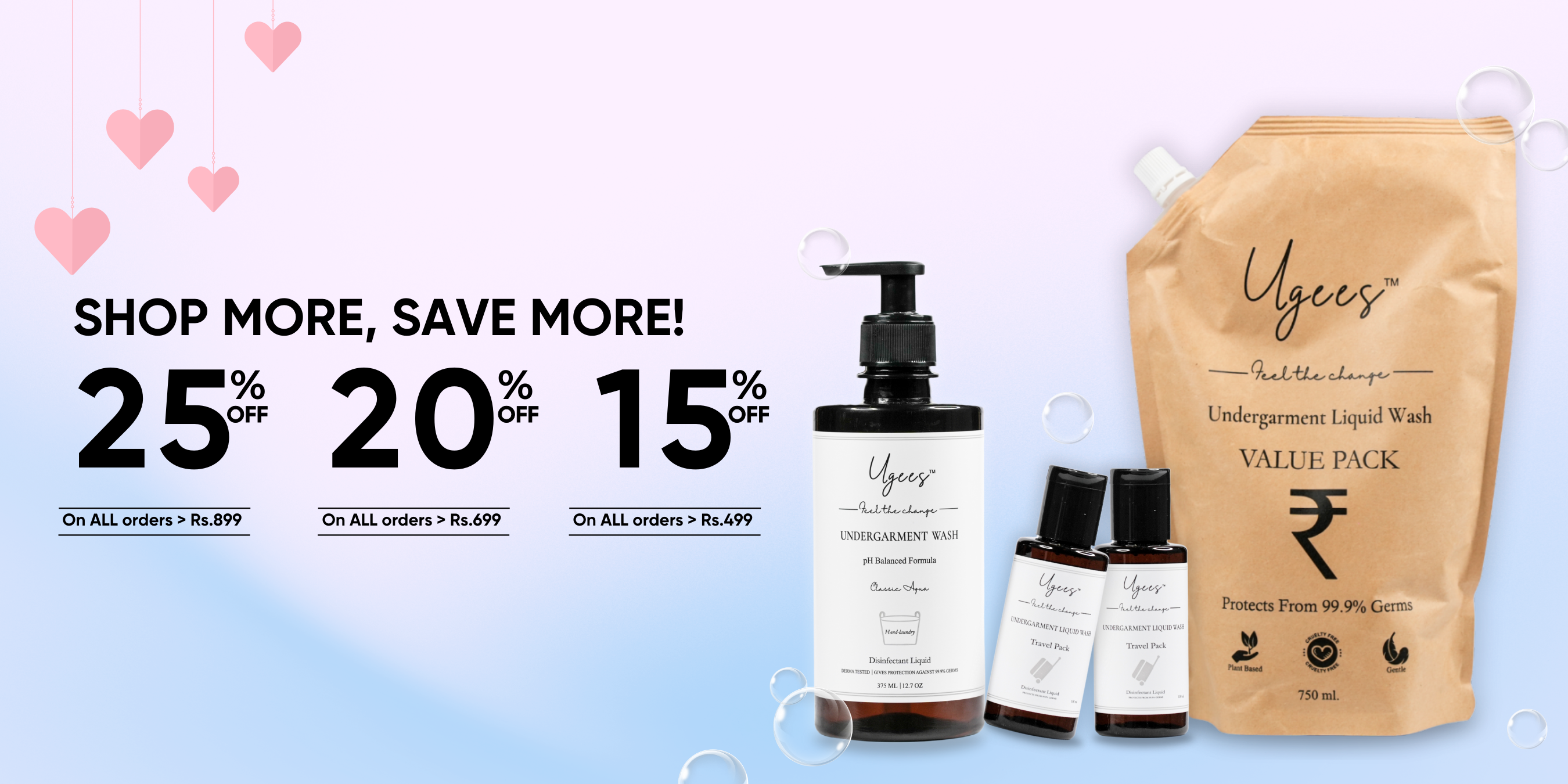 Ugees skincare products with promotional text on a light blue background