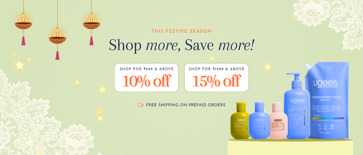 Promotional banner for Ugees products on a light green festive background with hanging lanterns, lace motifs, and sale text offering 10% off and 15% off.