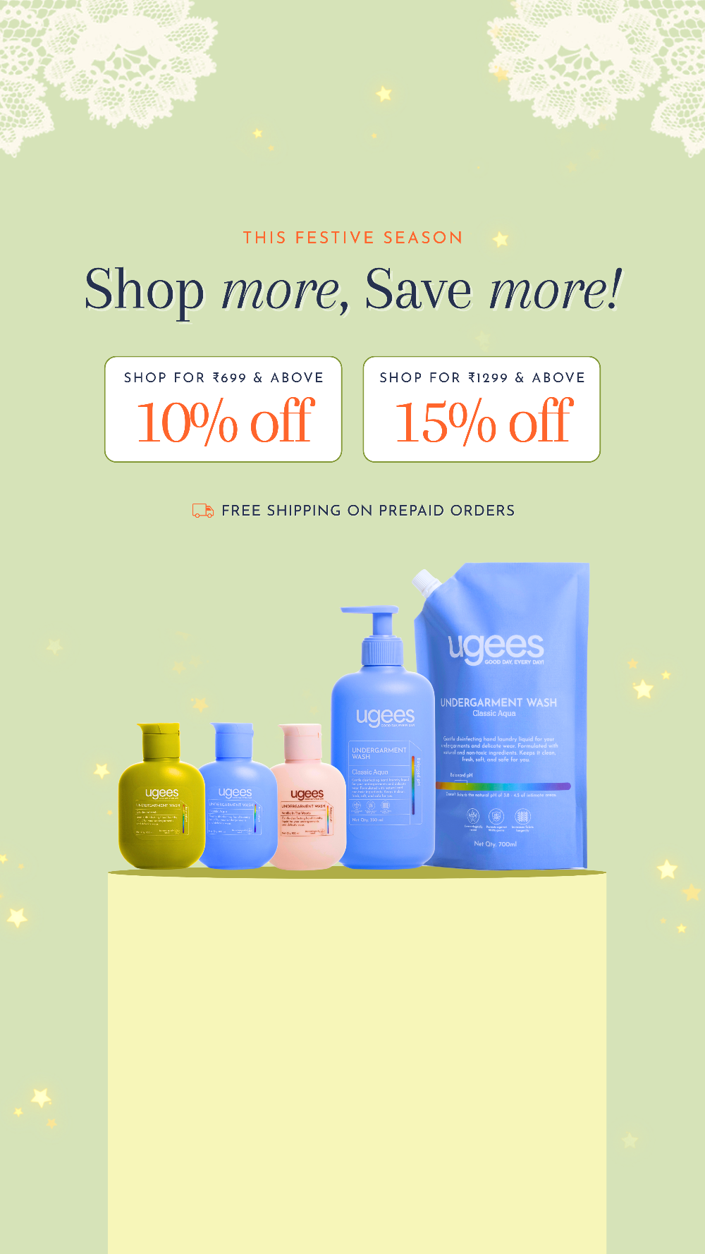 Promotional banner for Ugees products on a pale green background with decorative lace corner flourishes. Large sale text reads 'Shop more, Save more!' with discount boxes for 10% off and 15% off, plus 'Free Shipping on Prepaid Orders.