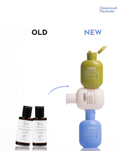 A promotional comparison graphic for Uggee travel sizes, showing the old way with two small dark bottles labeled &
