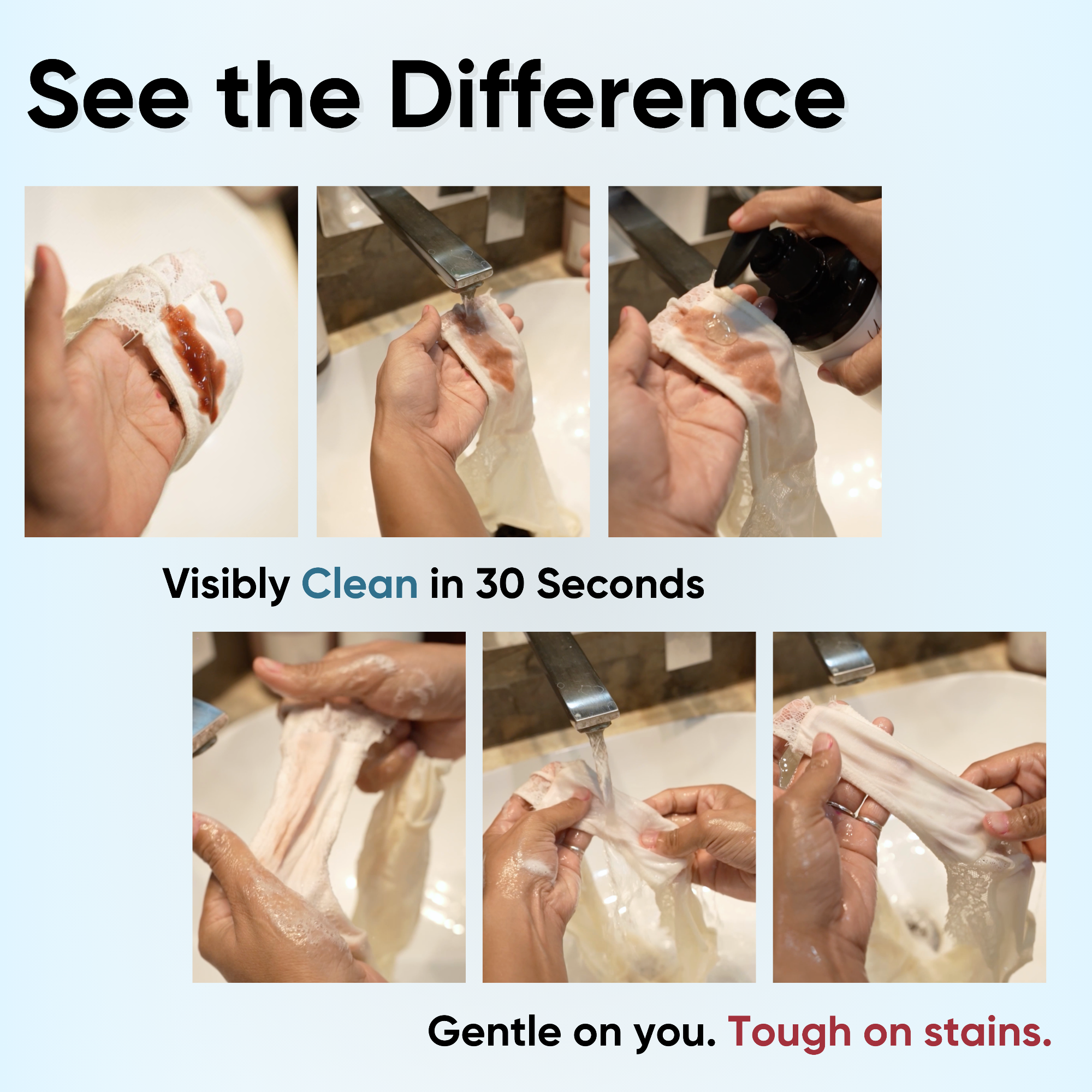 Product demonstration showing cleaning process with text &