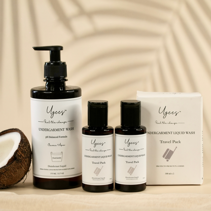 A product image featuring a 375 ml bottle and two 100 ml mini bottles of Ugees undergarment liquid wash, along with its packaging.