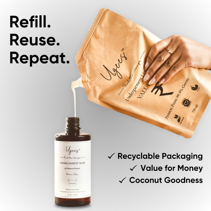 Ugees product packaging with a hand pouring from a bag into a bottle, emphasizing refillable and reusable aspects.