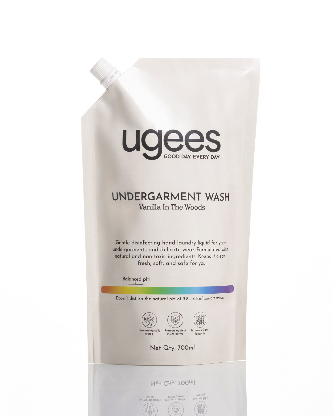 A refill pouch of Ugees Undergarment Wash in Vanilla in the Woods scent, shown on a clean white background with a subtle reflection.