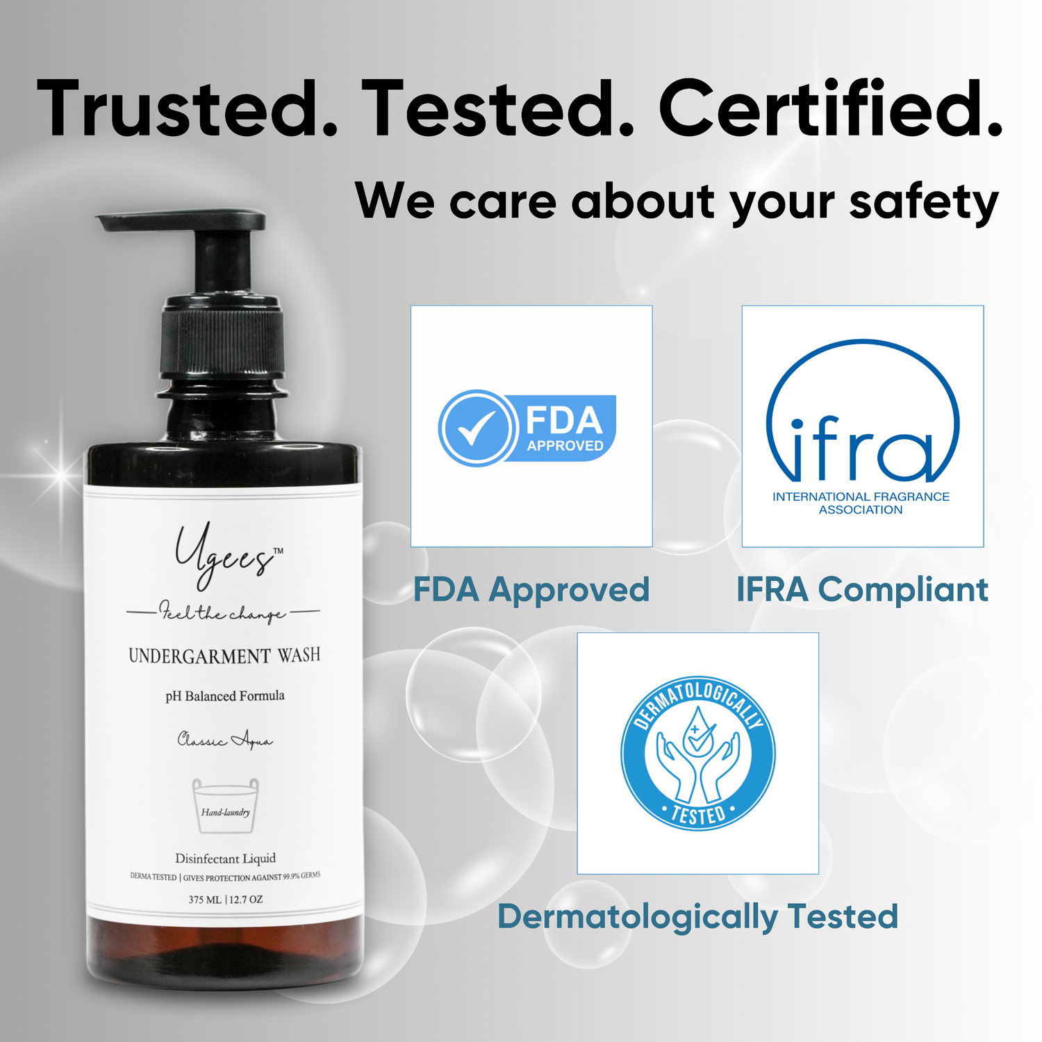 Ugees undergarment wash bottle with certification logos on a gray background