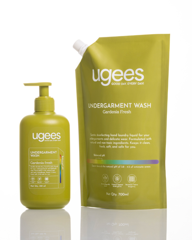 Ugees Undergarment Wash Gardening Fresh laundry liquid shown as a pump bottle next to a matching refill pouch on a white background.