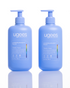 Two blue Ugees Undergarment Wash pump bottles on a white reflective background.