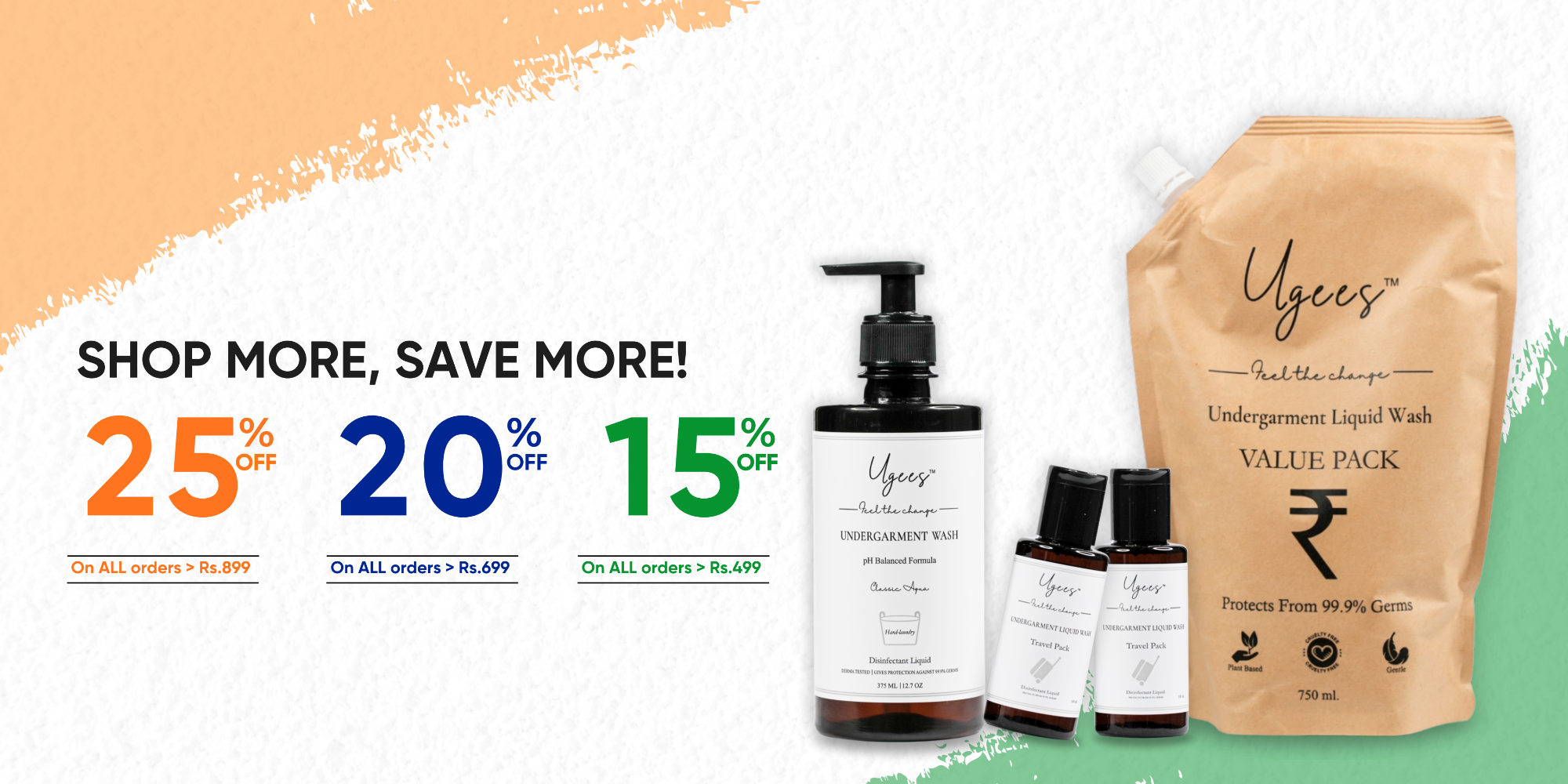 Ugyee's skincare products with promotional text on a white and green background