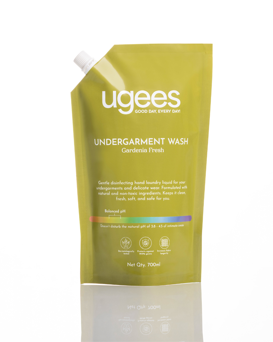 A refill pouch of Ugees Undergarment Wash in Gardenia Fresh scent, featuring a yellow-green background with white text and a small rainbow pH indicator strip.